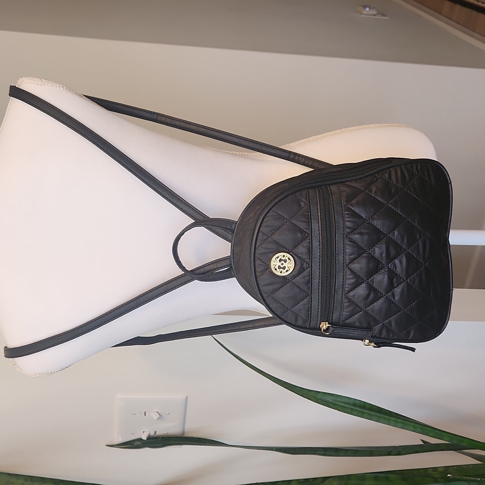 Small Black Nylon and PU Quilted Backpack